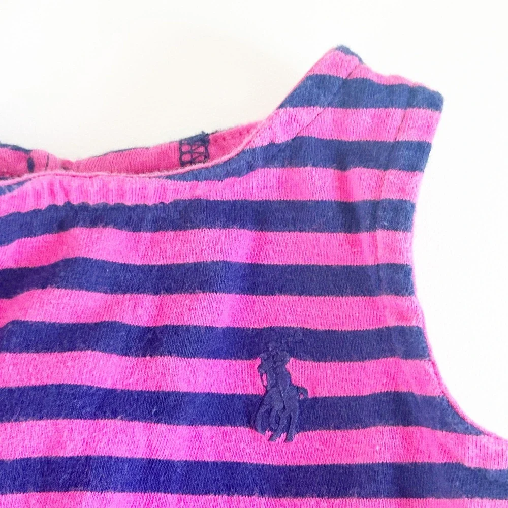 Ralph‎ Lauren Baby Girls Pink Navy Striped Preppy Nautical Ruffle Dress Size 3M